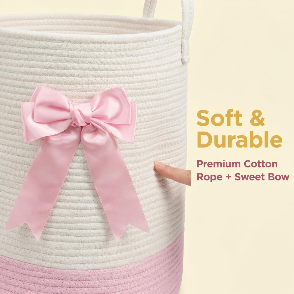 Pink Laundry Hamper with Bow, Tall Storage Basket