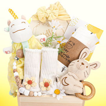 Baby Girl Gifts, for Girls, Newborn Essentials Baby Girl Basket, Wooden Baby Gift Basket Swaddle Blanket Rattle Toy