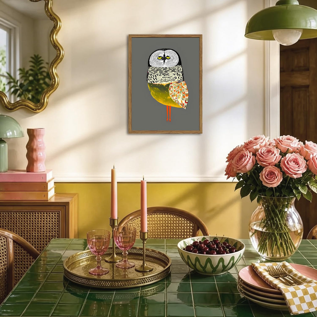 Funny Owl Wall Art, Whimsical Bird Wall Decor Painting Cute Animal Poster Canvas Print Picture for Farmhouse Living