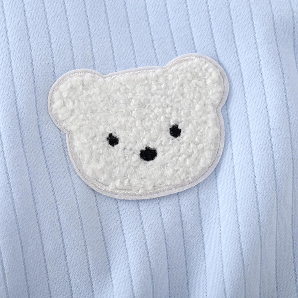 Baby Ribbed Romper and Hat Set with Bear Applique, 100% Cotton Infant Bodysuit, White, Long Sleeve