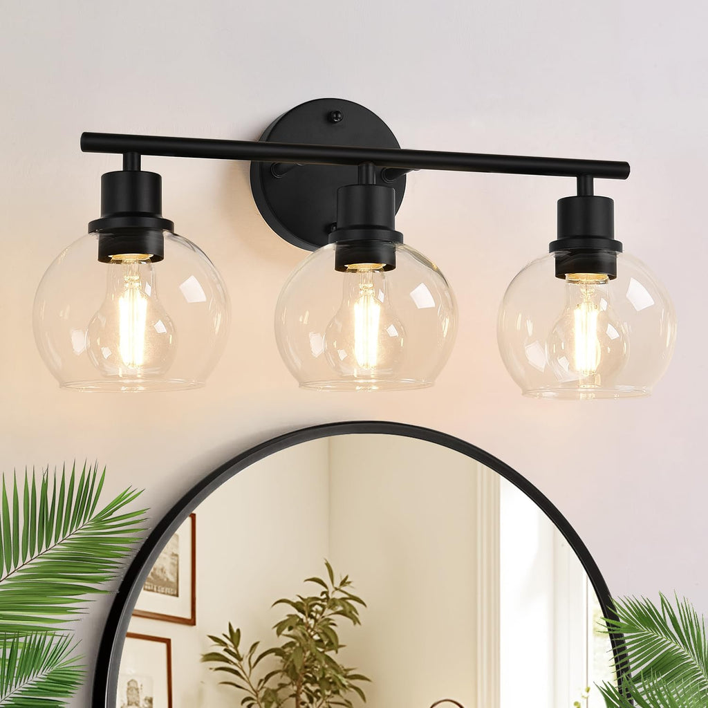 3-Light Bathroom Light Fixtures, Black Bathroom Lights Over Mirror with Clear Glass Globe Shade, Vanity Lights