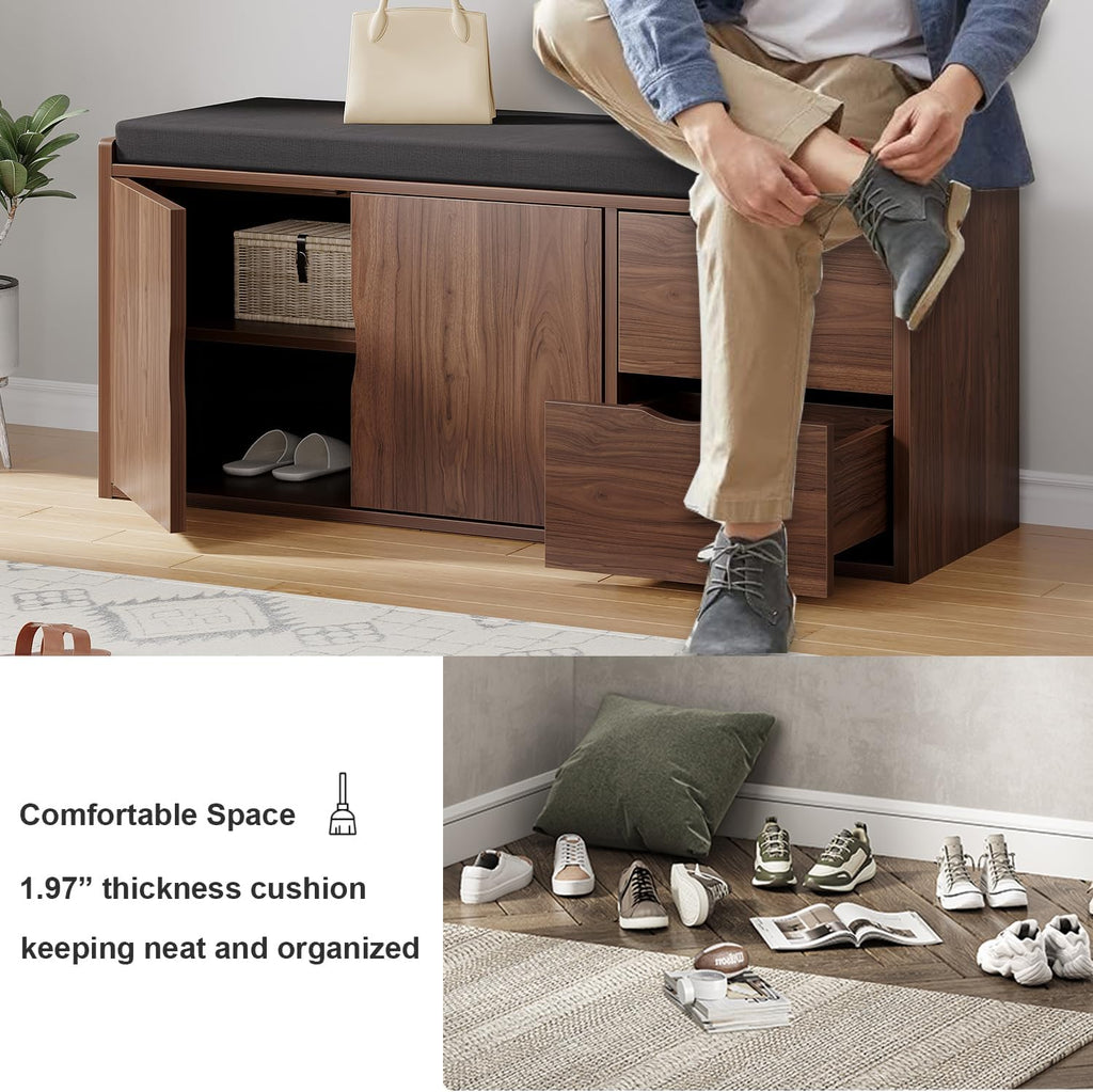 40" Entryway Storage Bench with Padded Seat Cushion, Wood Hidden Shoe Organizer Bench with 2 Drawers Cabinet