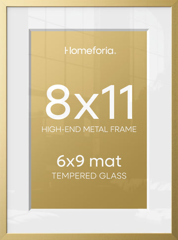 8x11 Gold Picture Frame, High-End Metal, 6x9 Mat, Glass