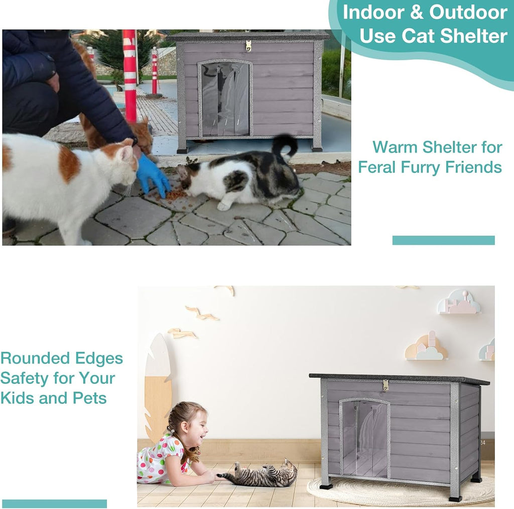 Indoor Outdoor Dog House, Anti-Chewing Iron Frame Dog Kennel, Wood Warm Pets Home, Weatherproof Outside Shelter