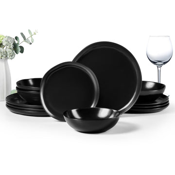 12-Piece Stoneware Dinnerware Set for 4, Matte Black
