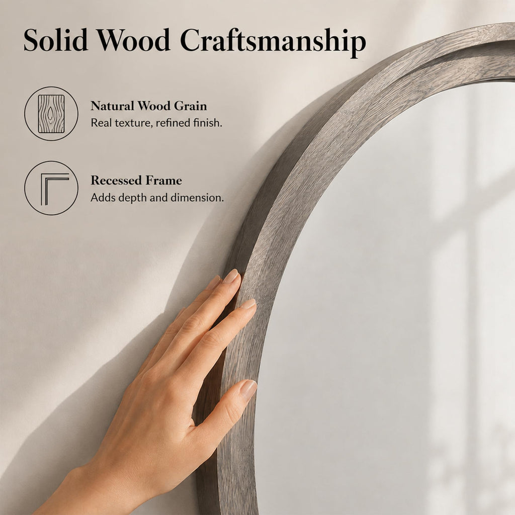 30 Inch Weathered Gray Round Bathroom Mirror for Vanity, Wood Frame