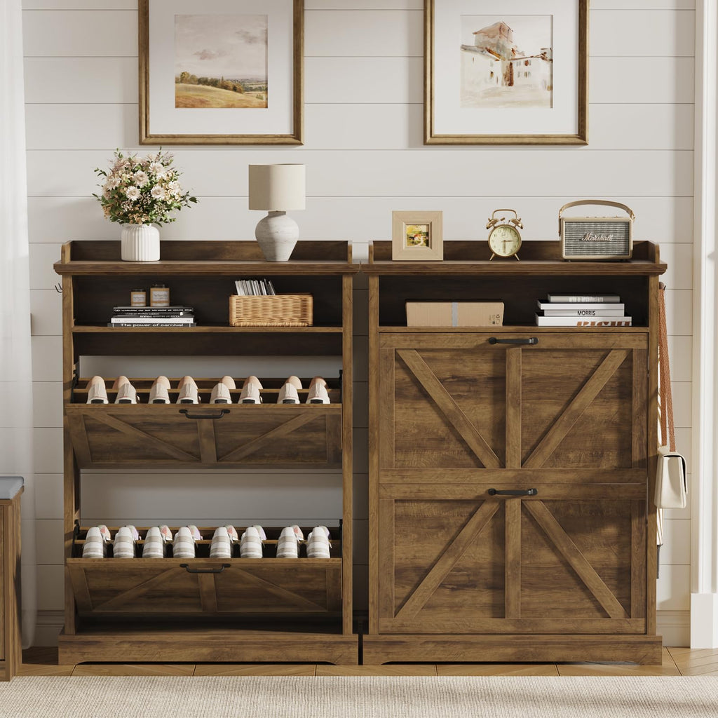 Farmhouse 31.5" W Shoe Cabinet with 2 Flip Drawers & Open Storage, Walnut