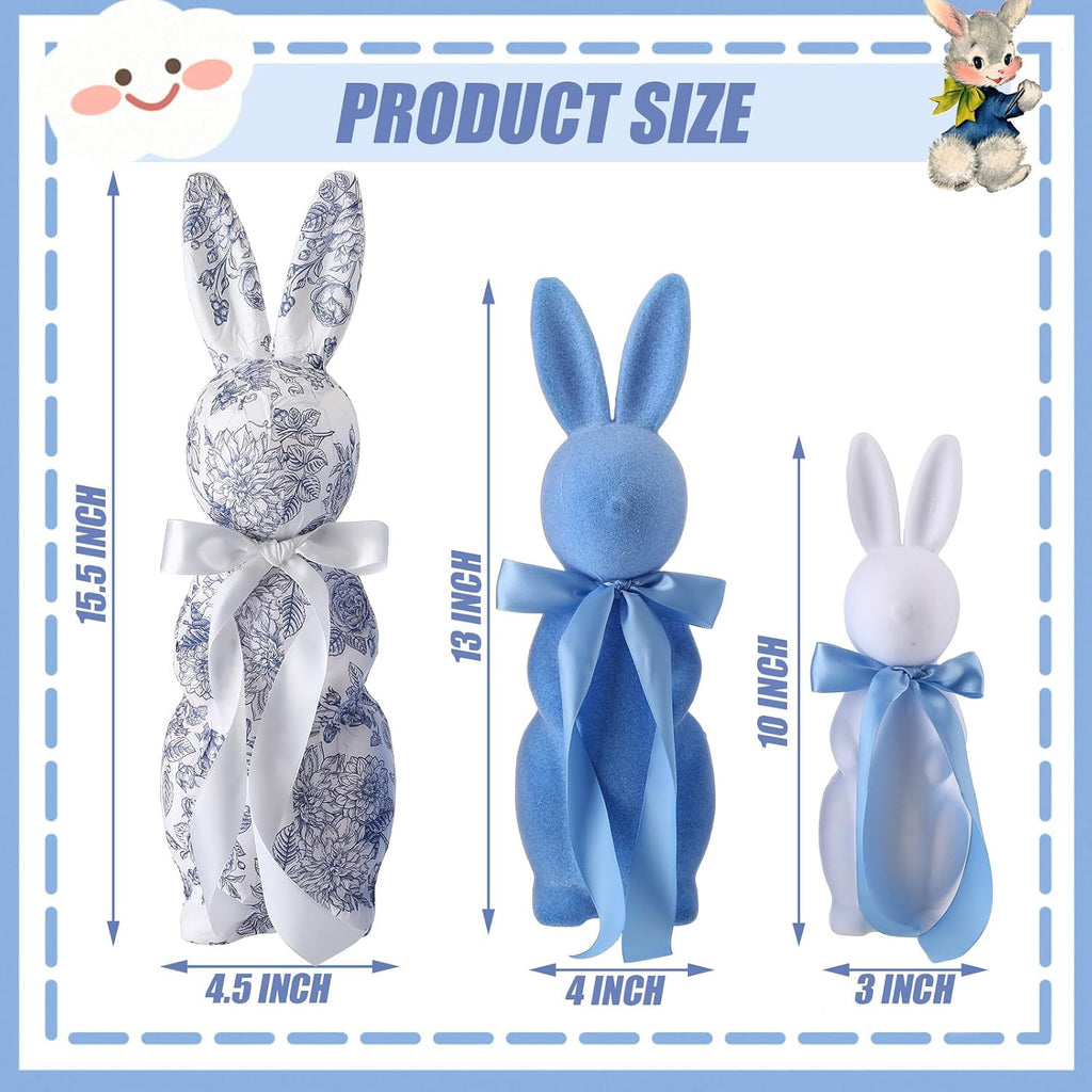 Easter Bunny Decorations Chinoiserie Floral Easter Centerpieces 15.5/13/10 Inch Blue and White Flocked Rabbit - Set of 3