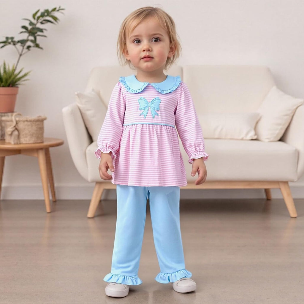 Little Toddler Baby Girl Clothes Peter Pan Collar Shirt Ruffle Long Sleeve Top Sweatshirt Pants 2Pcs Set