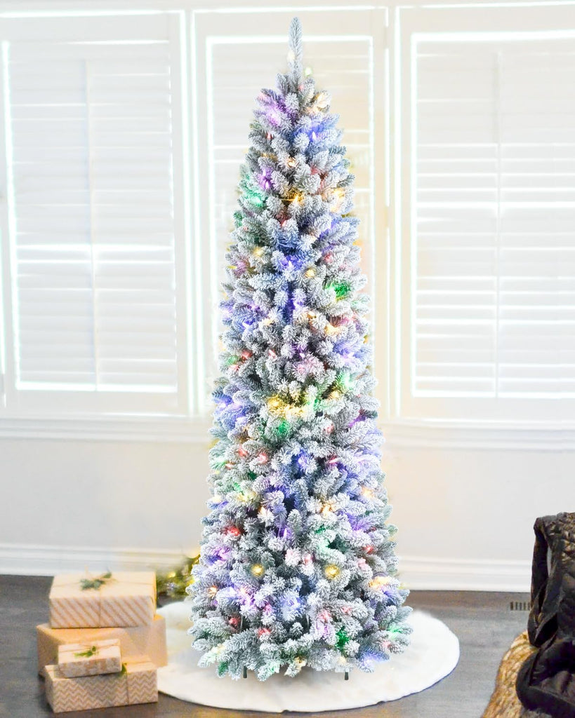 7.5FT Pre-lit Snow Flocked Pencil Christmas Tree with Remote Control, 350 Warm White Multi-Color Lights, Hinged Slim