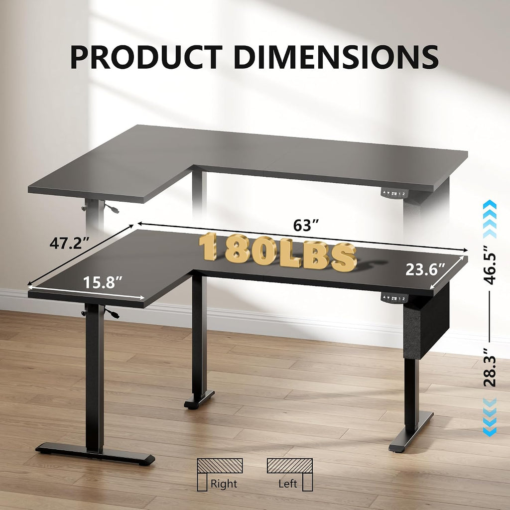 63" L Shaped Standing Desk, Height Adjustable, LED, Memory Presets | Reversible, Ergonomic Sit to Stand Computer Desk