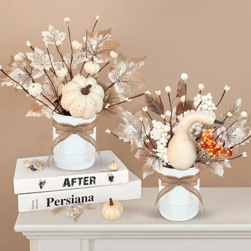 Fall Centerpieces For Tables White Maple Pumpkin Berries Decor 12" - Set of 2