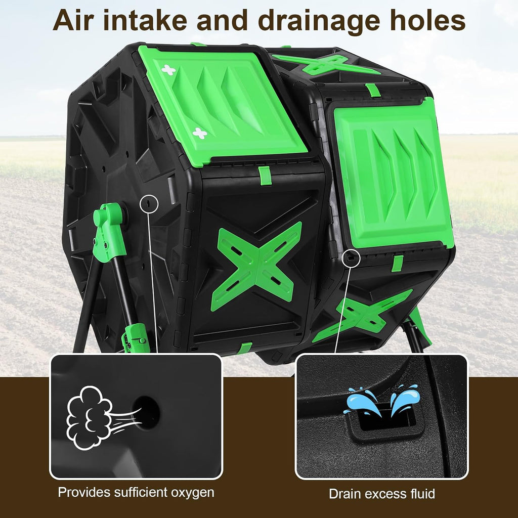 140L Dual Chamber Efficient Outdoor Compost Bin with Sliding Door | 360 Degree Rotating Large Composter Easy Setup