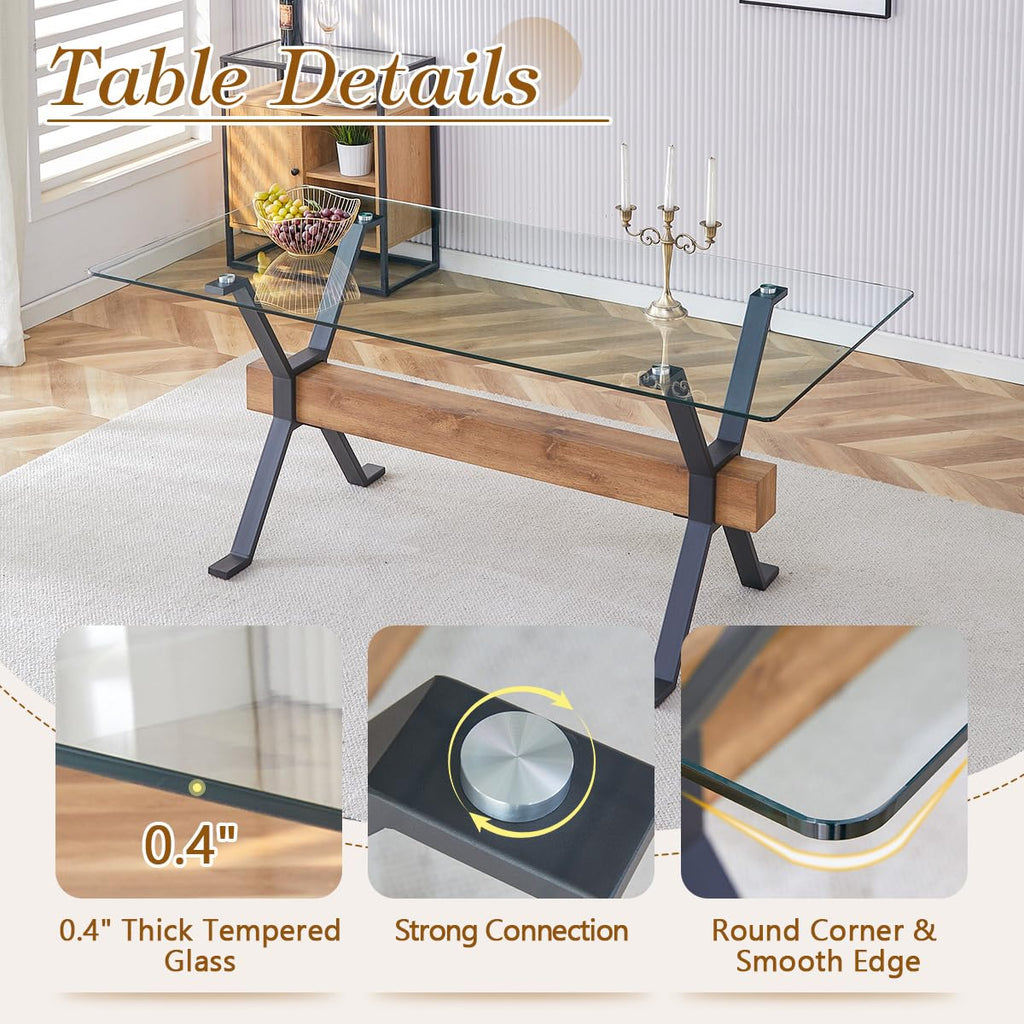 Glass Dining Table 71"|Modern Dining Table for 6-8|0.4" Thick Tempered Glass Top|Matte Black Metal Legs|Wooden