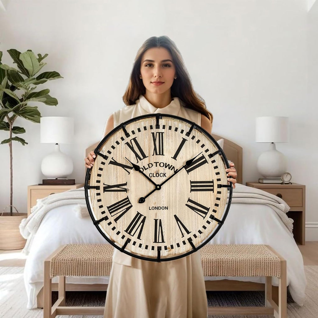 Rustic Farmhouse Wall Clock 24 Inch, Vintage Oldtown London Wooden Large Clock with Silent Tick, for Bedroom, Office