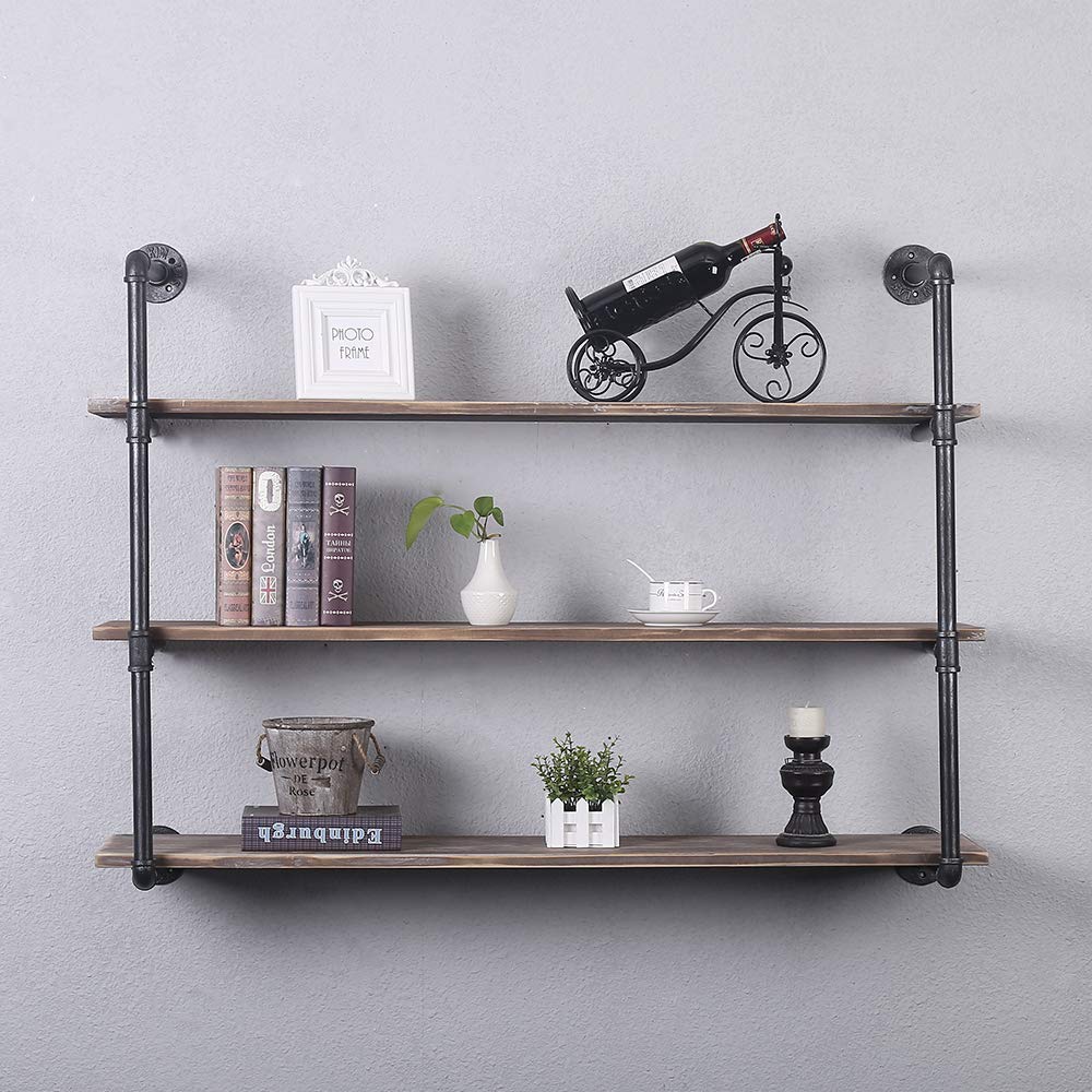 Industrial Pipe Shelving Metal Floating Shelves, Rustic Kitchen Wall Shelf Wood Hanging Shelf, 48in Steampunk Large