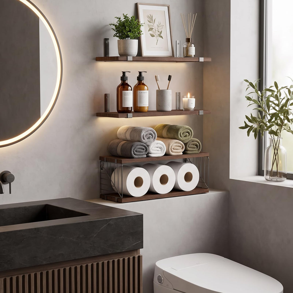 3+1 Tier Bathroom Floating Shelves Over Toilet, Dark Brown