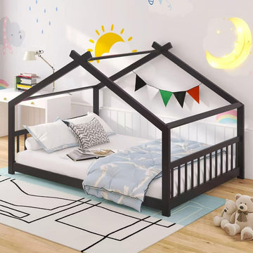 House Beds Montessori Bed Wood Frame Kids Platform Bed with Headboard & Footboard for Children Boys Girls Teens