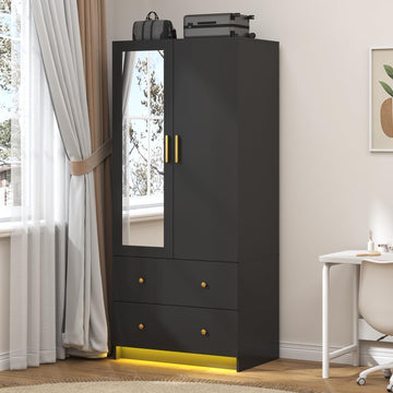 2 Door Wardrobe Closet with Mirrors and LED Lights, Small Bedroom Armoire with Drawers, Modern Wooden Armoire
