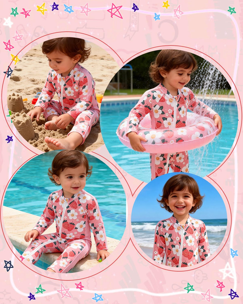 Baby Girl Strawberry One Piece Rash Guard Swimsuit, Long Sleeves Full Body Zipper Toddler Rashguard Swimwear Bathing