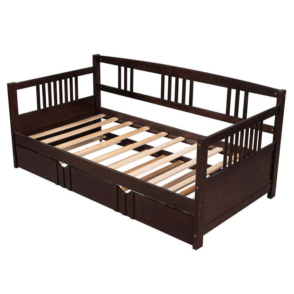 Twin Wood Daybed with Rails, Twin Bed Wooden Slats Support Modern Living Daybed with Trundle Bed, Espresso