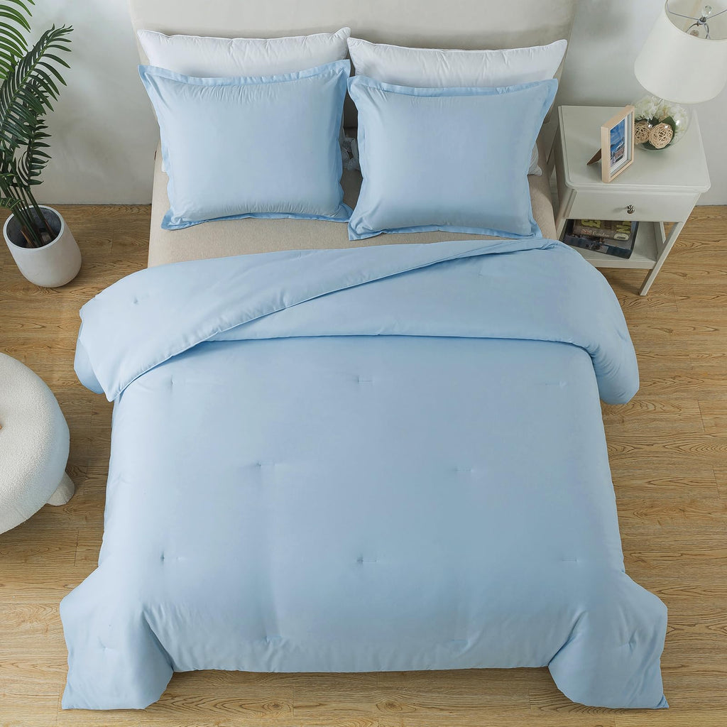 Light Blue Comforter Set Twin Size, Solid Lightweight Down Alternative Soft Boho Bedding Comforter Set, Breathable