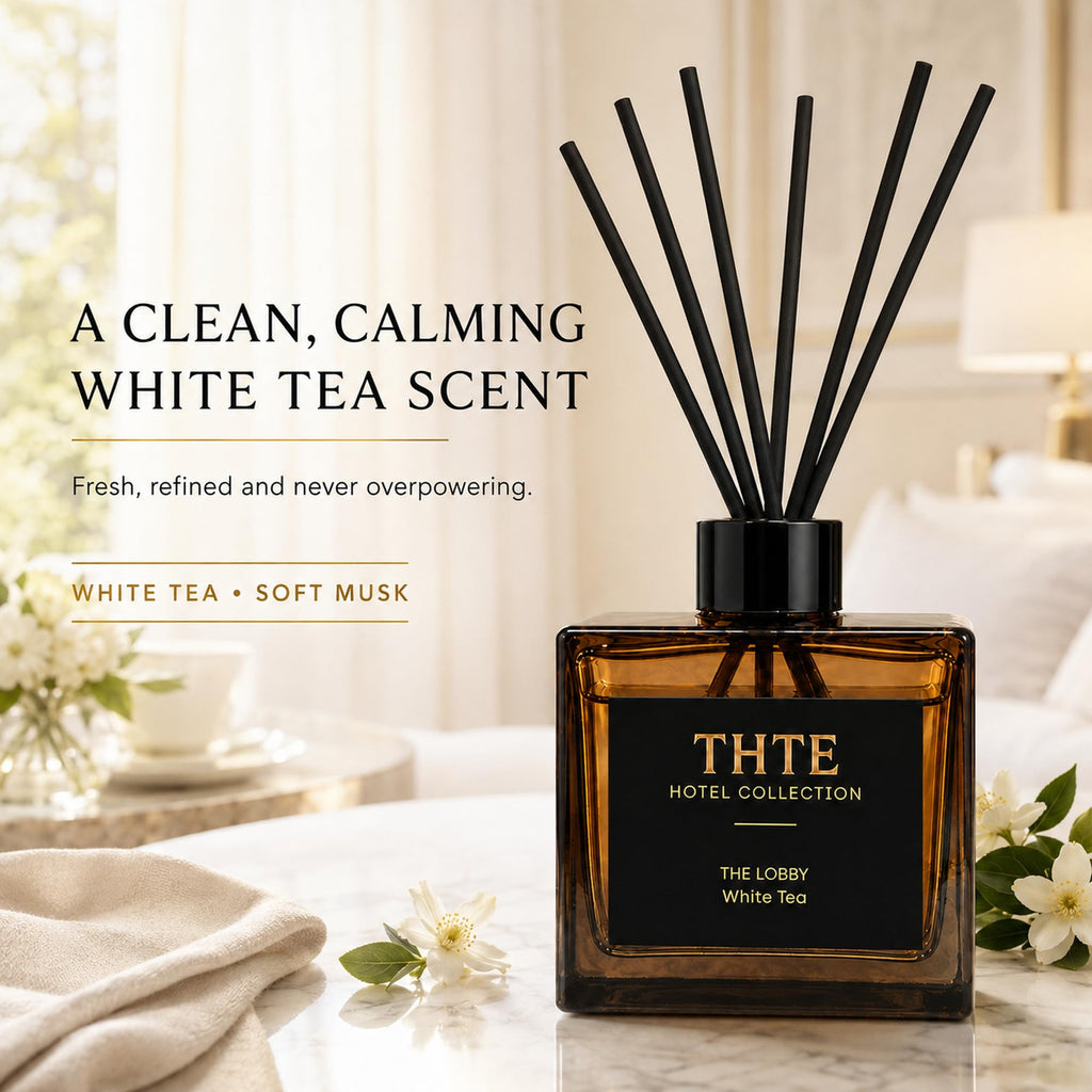 White Tea Reed Diffuser, Airy Clean Hotel-Inspired Scent with Soft Musk, Long-Lasting Home Fragrance with Black