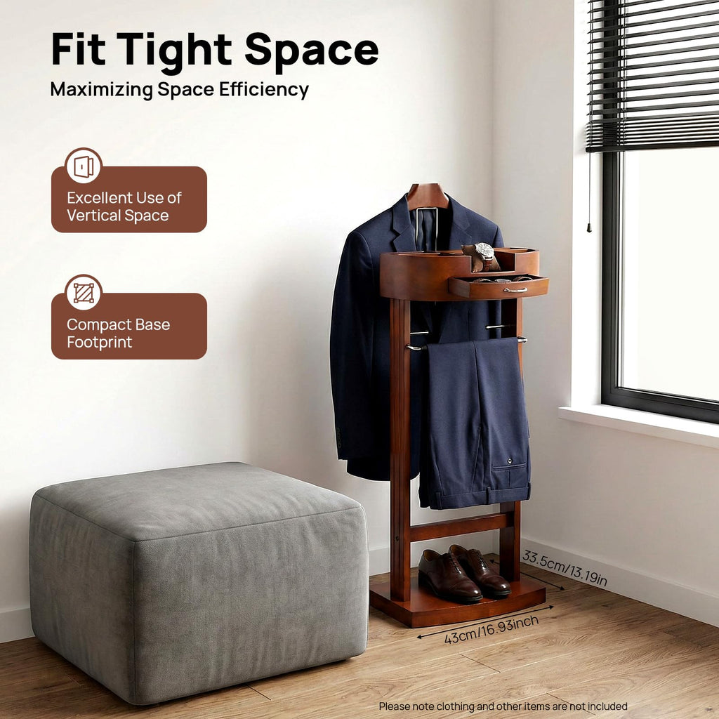 Suit Valet Stand for Men, Wood Suit Rack with Multi-Compartment Tray, Drawer, Wide Base and Two Tie Holders