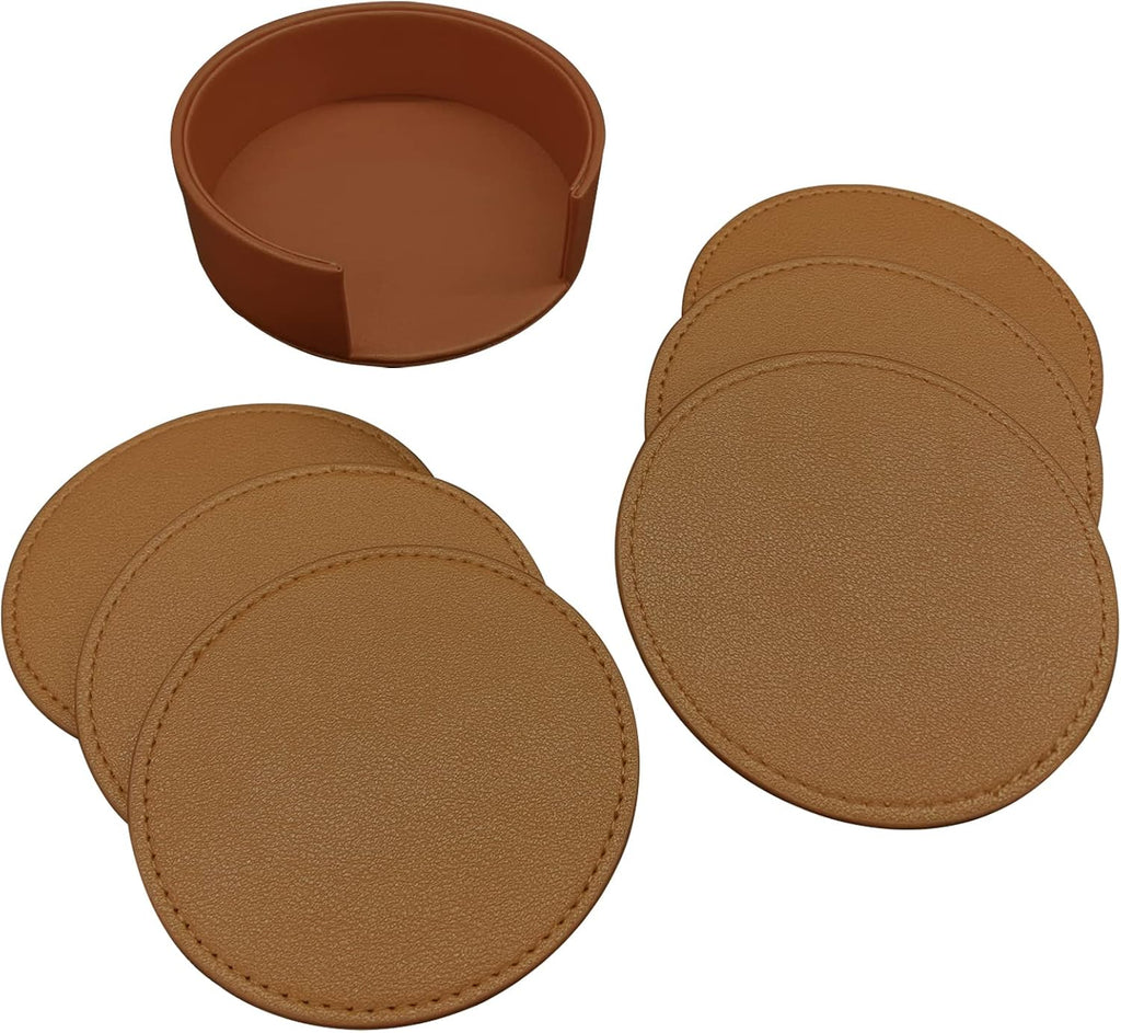 Coasters Soft Leather Drink Coaster Round Coaster with Sewing Around, Suitable for Various Cups, Wooden - Set of 6