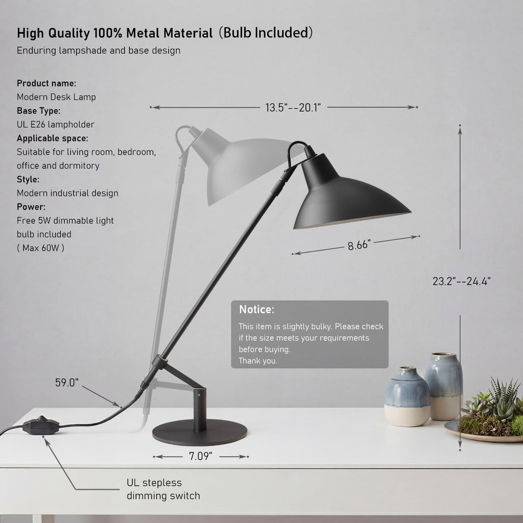Desk Lamp Modern Industrial 100% Metal Adjustable Table Lamp 24", Natural Light (4000K) with Dimmer, Ideal Bedroom