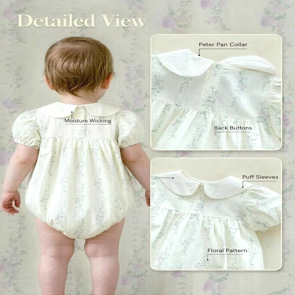 Baby Girl Vintage Floral Romper Embroidered Peter Pan Collar Bubble Short Sleeve Cotton Bodysuit Cute Summer Outfits