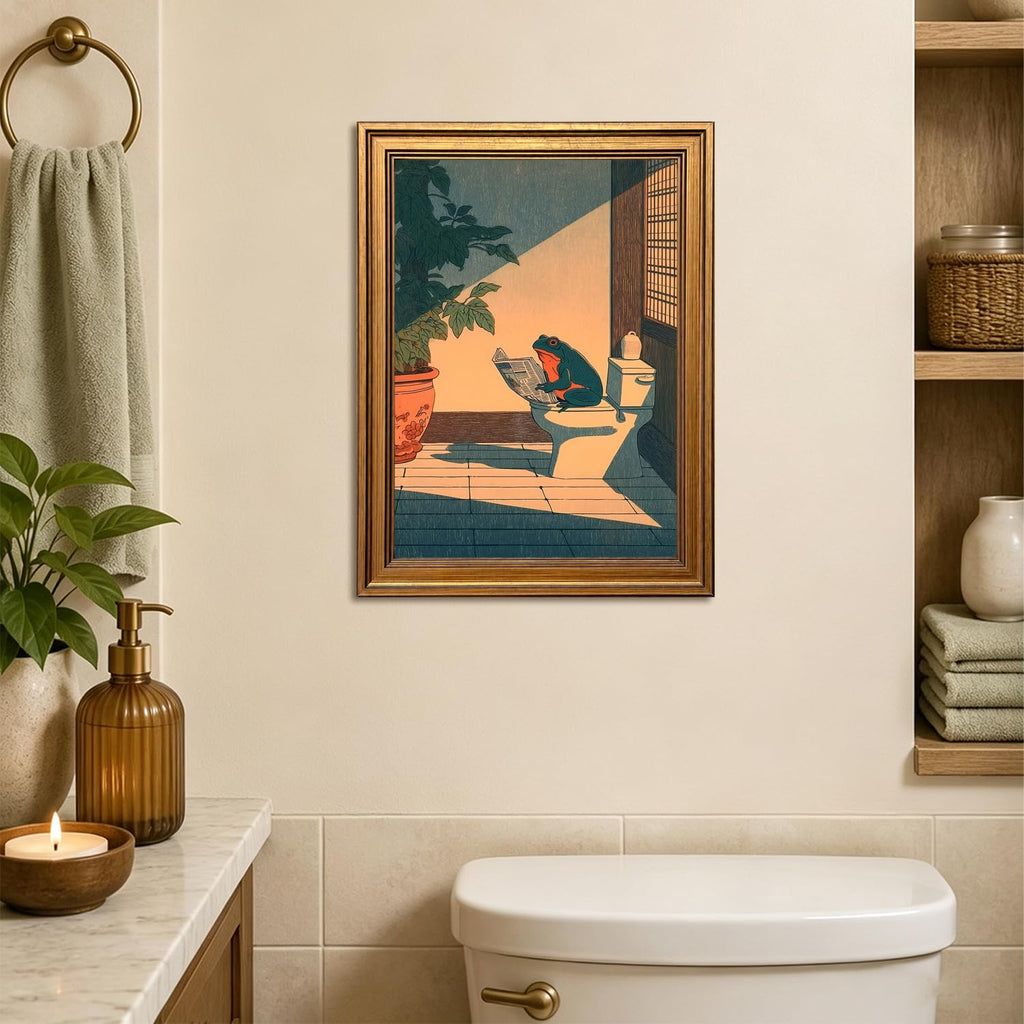 Vintage Gold Framed Bathroom Wall Art, Funny Japanese Frog Reading Newspaper on Toilet Pictures Wall Decor, Whimsical