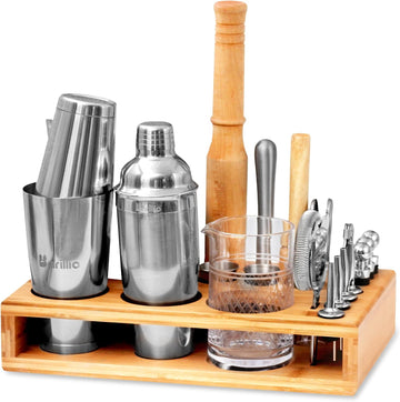 Bar Tool Set Pro Edition Bundle w/Bamboo Bar Tool Stand - 33-Pc Bar Set Essentials - Stainless-Steel Cocktail Shaker - Set of 32