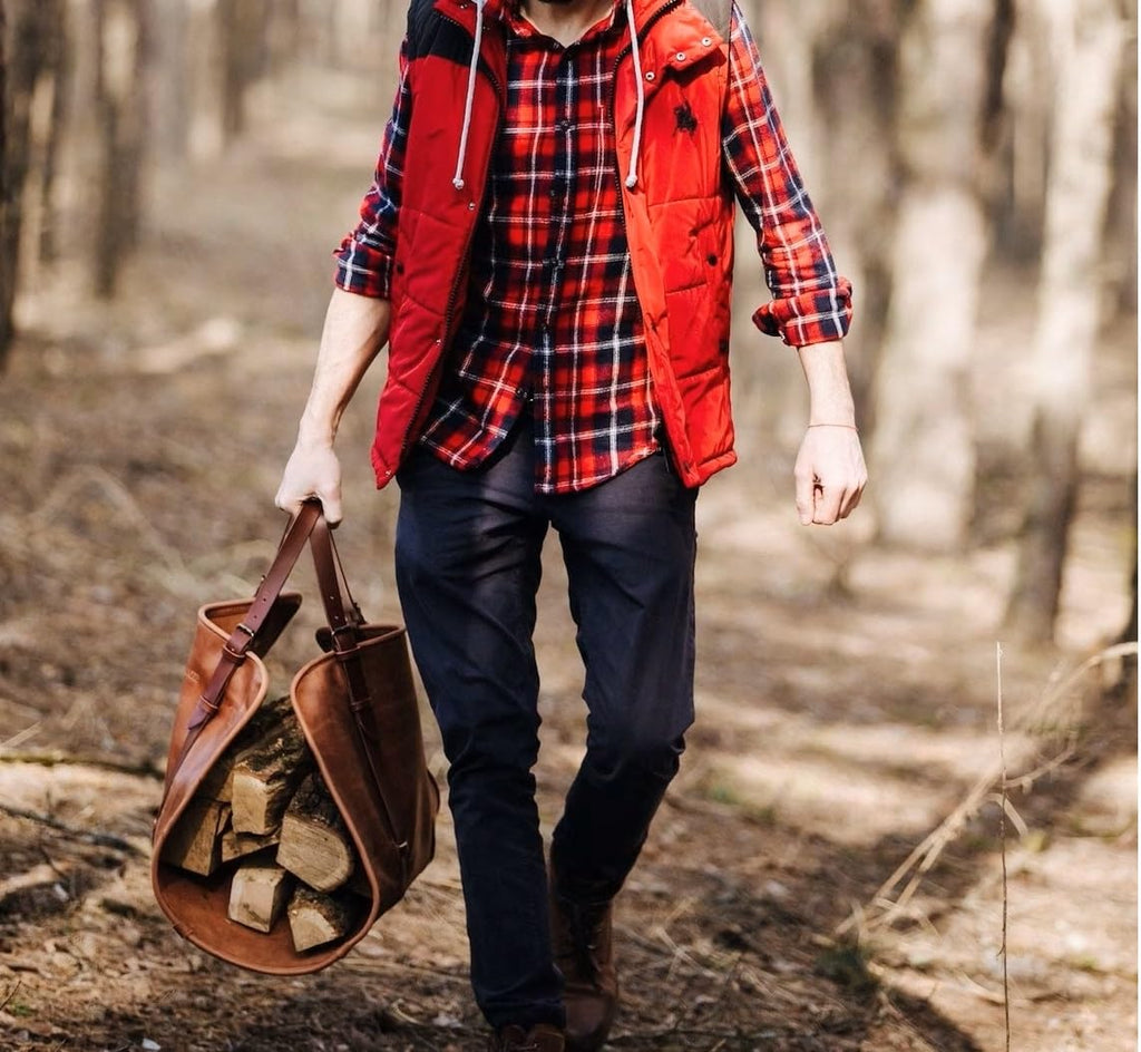 Leather Firewood Carrier, Cabin Wood Log Carrier, Large Log Tote Bag for Fireplace, Campfire, or Outdoor Fire Pit