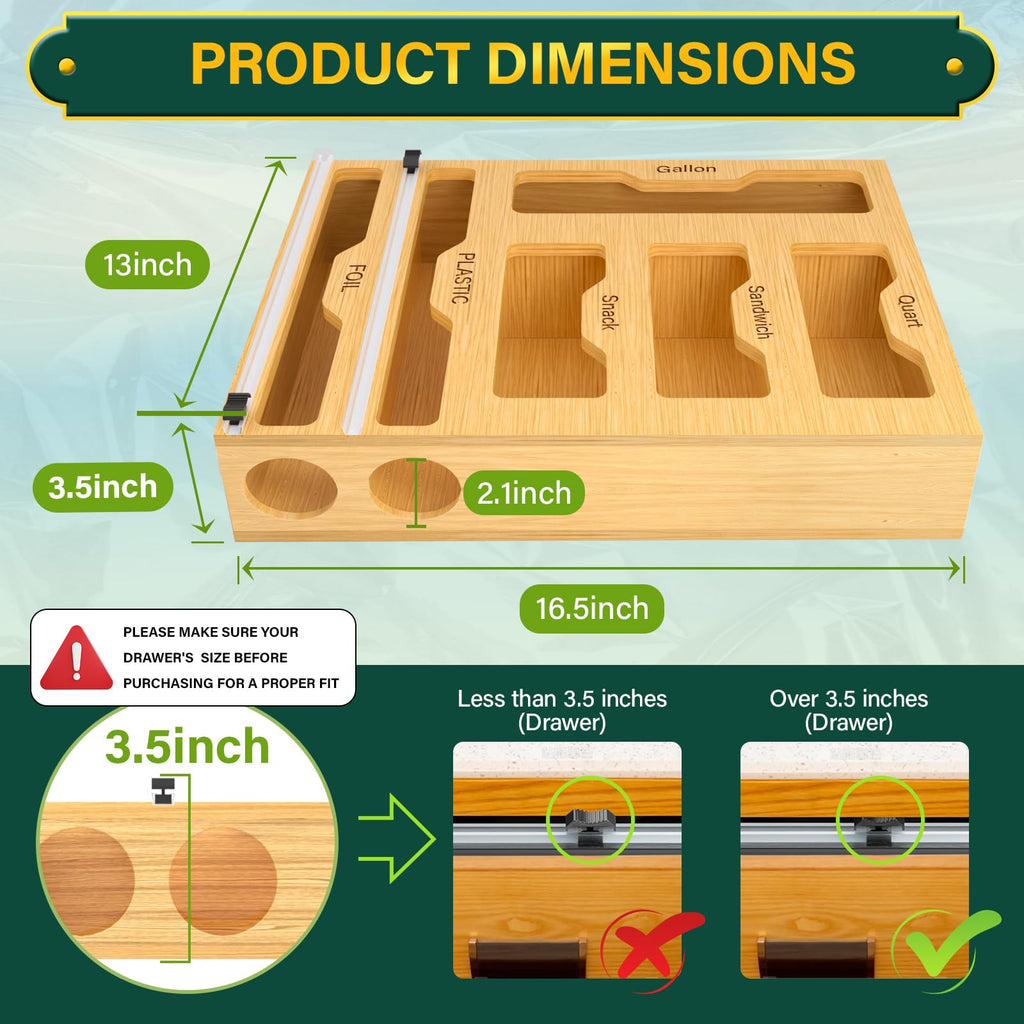 Bag Organizer and Plastic Wrap Dispenser with Cutter, 6 In 1 Bamboo Foil and Plastic Wrap Organizer Drawer, Food
