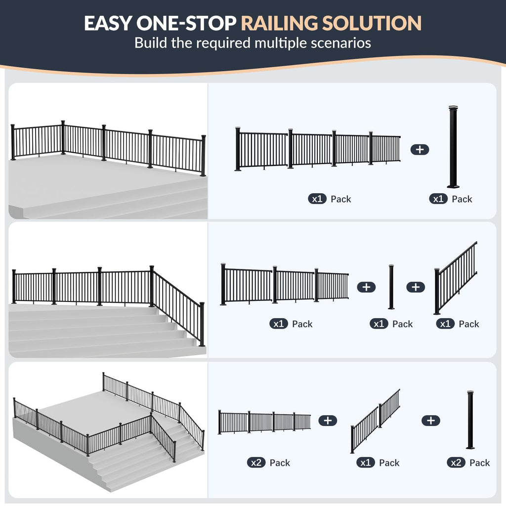 3 Pack 36 in x 6 ft Modular Aluminum Deck Railing Kit with Light