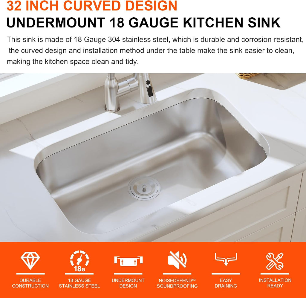 32 Inch Undermount Single Bowl Kitchen Sink | 304 Stainless Steel, 18 Gauge Thickness, Strainer Included, Brushed