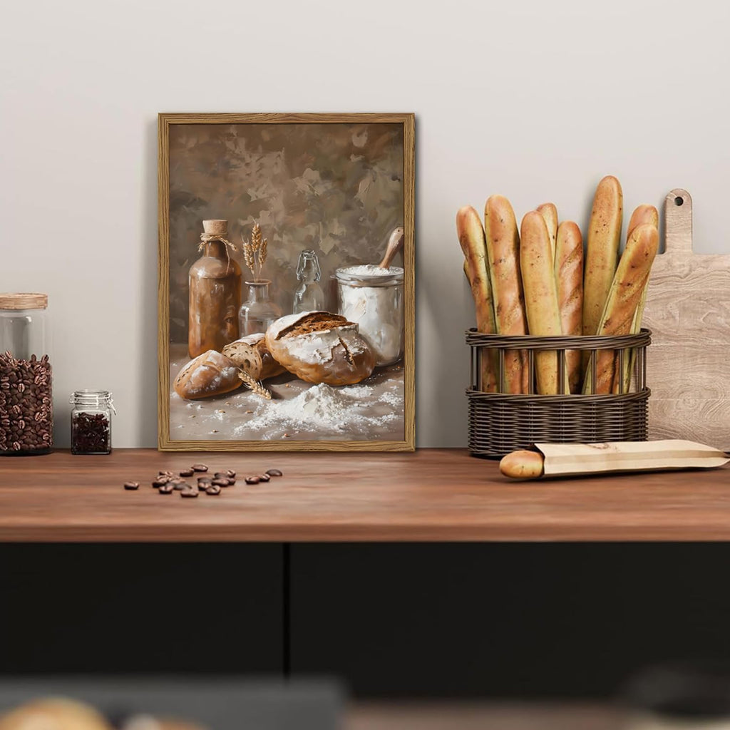 Framed Vintage Kitchen Wall Art, Rustic Bread and Flour Pictures Wall Decor Paintings, Farmhouse Food Poster Canvas