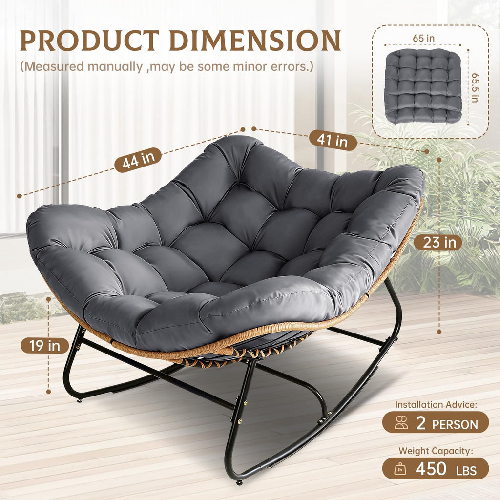 Oversized Wicker Rocking Chair Indoor Outdoor, 450 LBS Heavy Duty Patio Papasan Egg Chair with Cushion, E-Coated