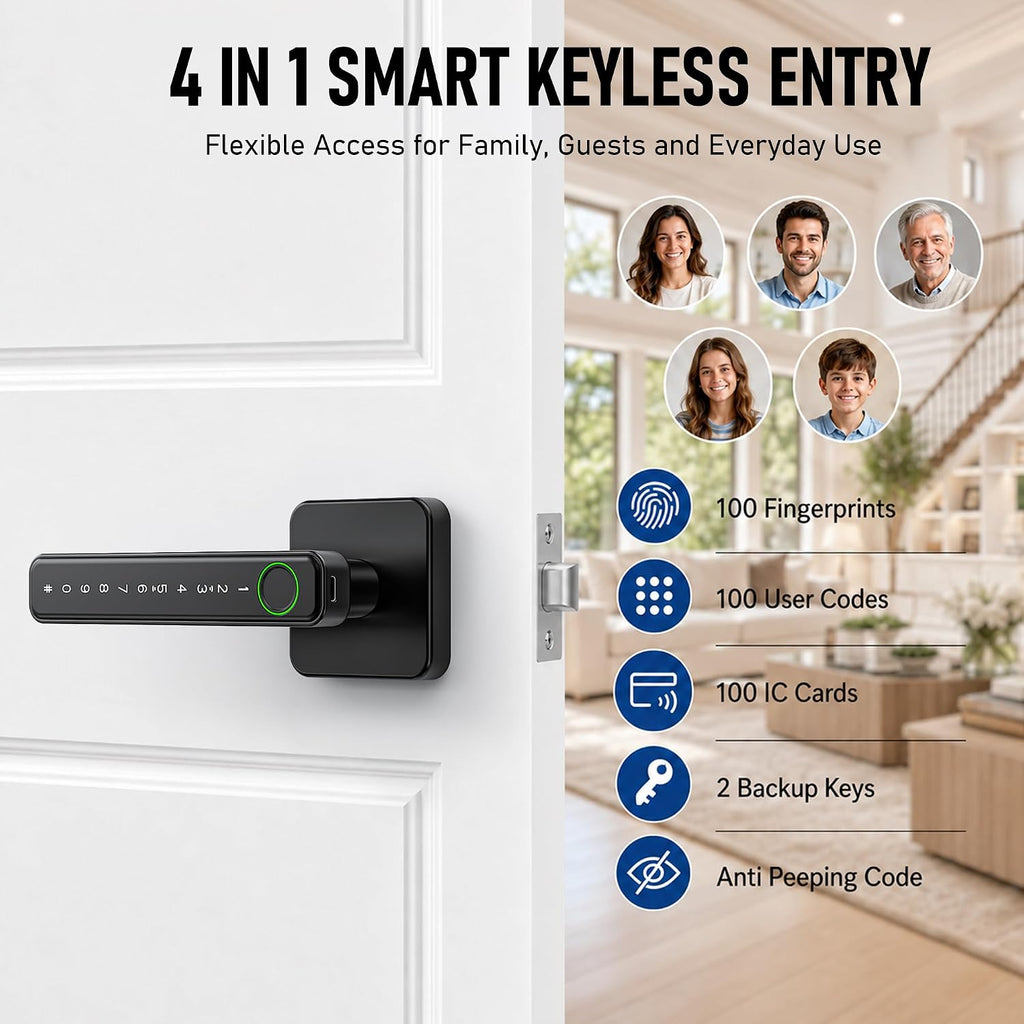 Smart Fingerprint Door Lock Knob, Biometric Keyless Entry Bedroom Handle