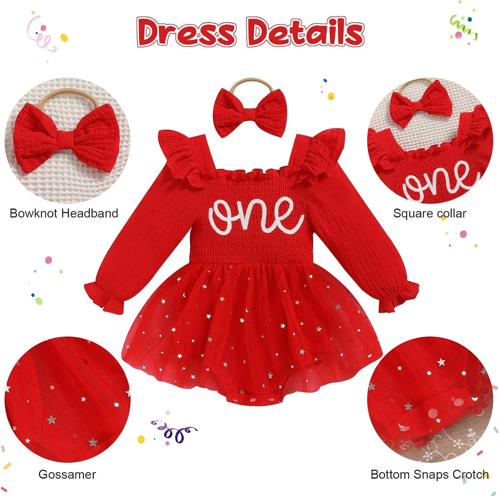 Baby Girl 1st Birthday Clothes One Year Old Tulle Romper Long Sleeve Bodysuit Cake Smash Outfits