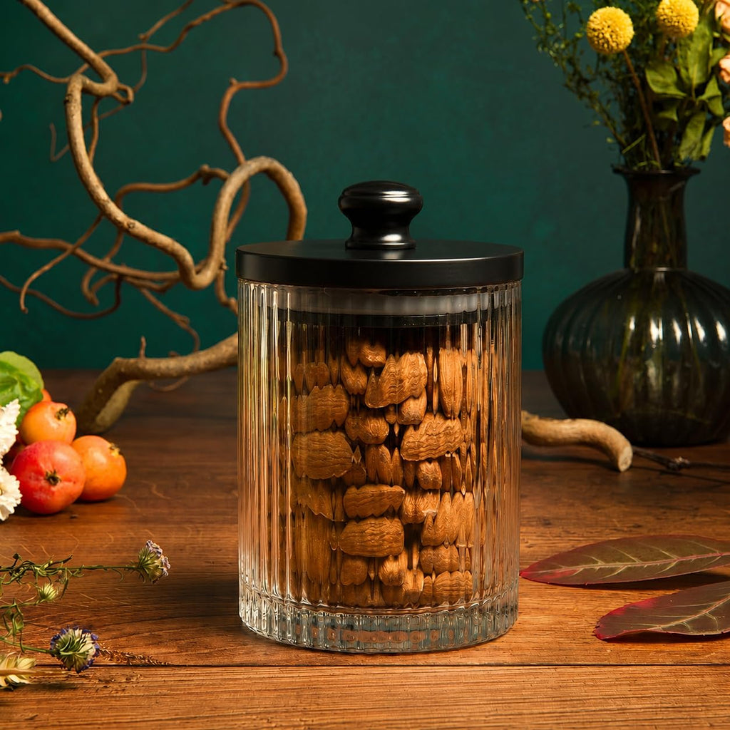 Ribbed Glass Bathroom Jars | Set of 2 Farmhouse Style Storage Canister with Airtight Black Wooden Lids | Cotton