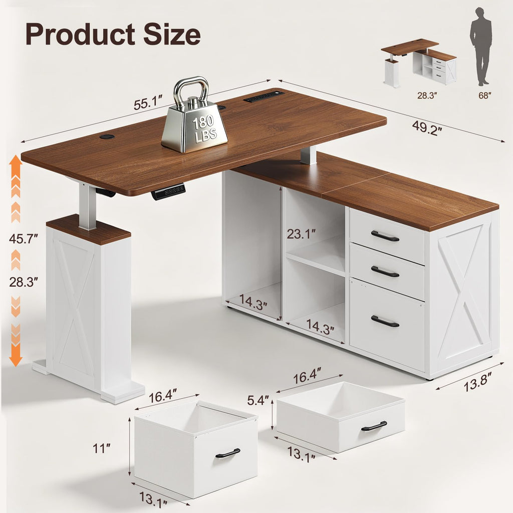 L Shaped Standing Desk - 55'' Farmhouse Computer Desk with Storage