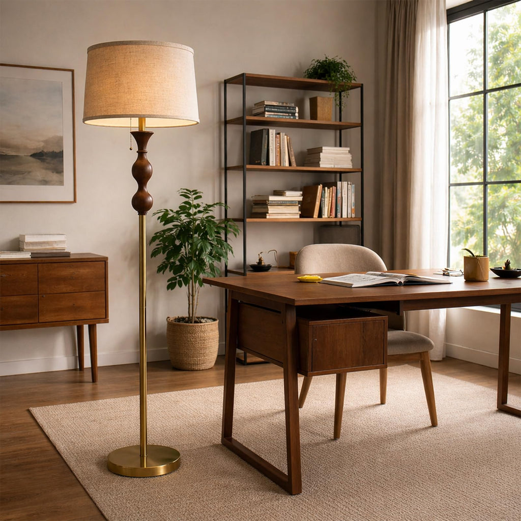 Wood & Brushed Floor Lamp with Pull Chain Switch & Remote Control, Sculptural Standing Lamp, Dimmable 3 Color