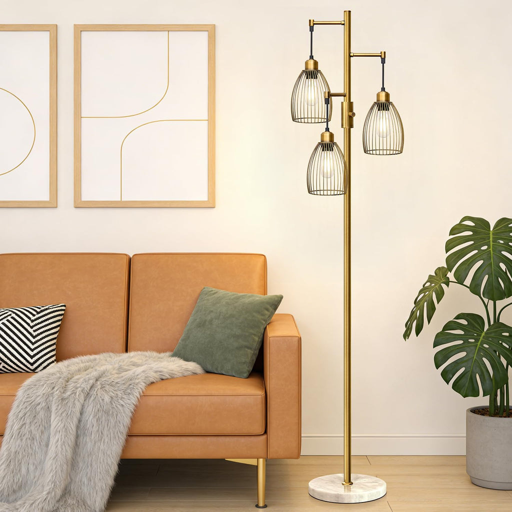 Dimmable Floor Lamps, Industrial Standing Lamp with Marble Base, Antique Brass Tree Tall Pole Light with 3 Elegant