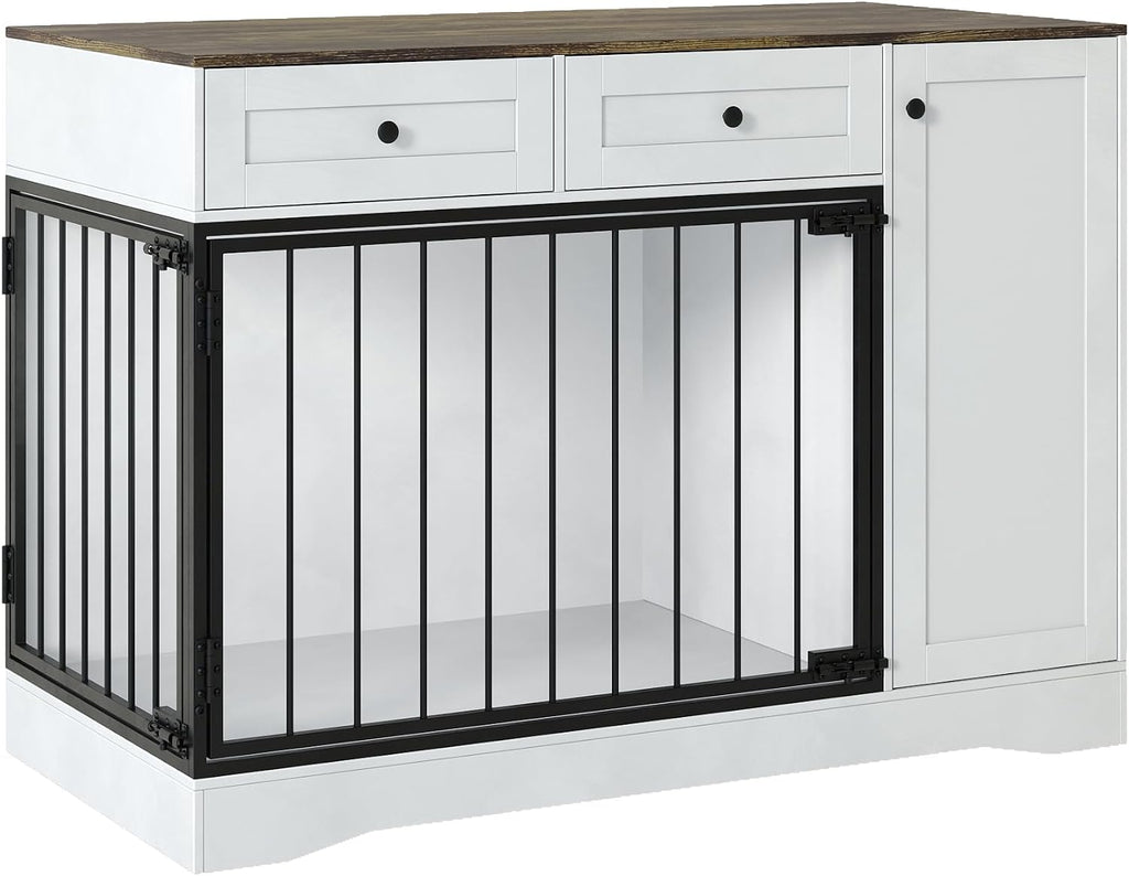 Dog Cage Furniture, 47 Inch Modern Double-Door Indoor Kennel with Farmhouse-Style Dog Cage Featuring Dual-Drawer