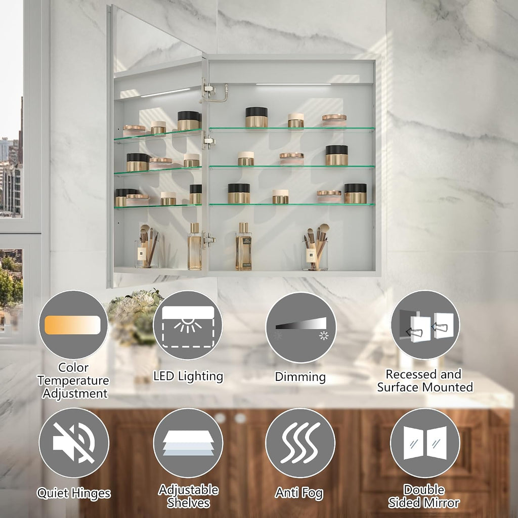 24x30" LED Medicine Cabinet, Anti-fog, Adjustable shelves, Square-ring Glow | Lighted Medicine Cabinet with Mirror