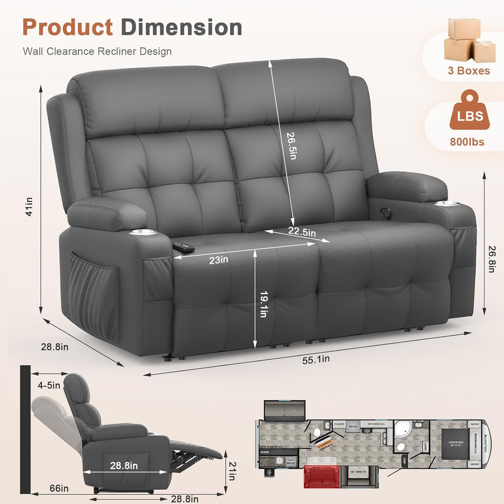 RV Loveseat Recliner Sofa, Massage Wall Hugger Recliners Couch with USB Port, Side Pockets, Cup Holders