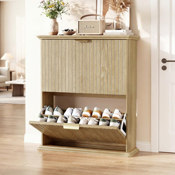 Natural Wood Slim Shoe Storage Cabinet with Fluted Doors, 31.5" Modern Hidden Shoe Rack with 2 Flip Drawers, Rounded