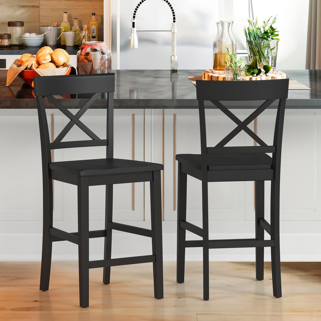 Bar Stools Set of 2, 24" Wooden Barstools with X Back, Black